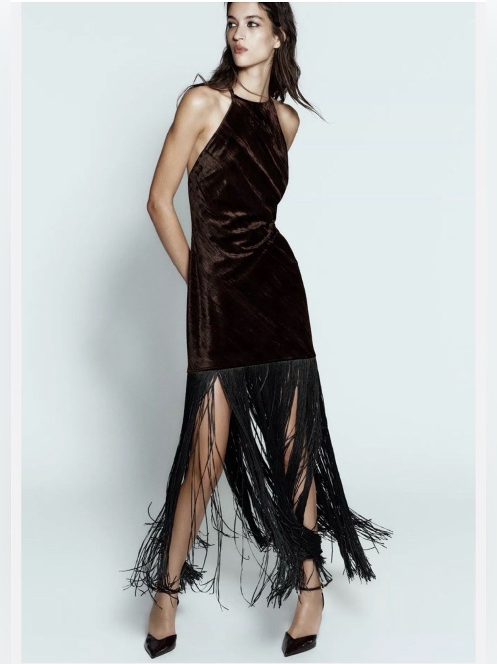 ZARA VELVET FRINGE MIDI DRESS BROWN size S